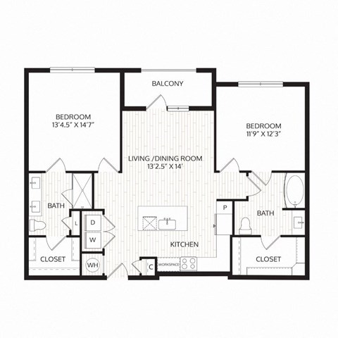 Floor plan for 2 beds, 2 baths, 1147 sqft